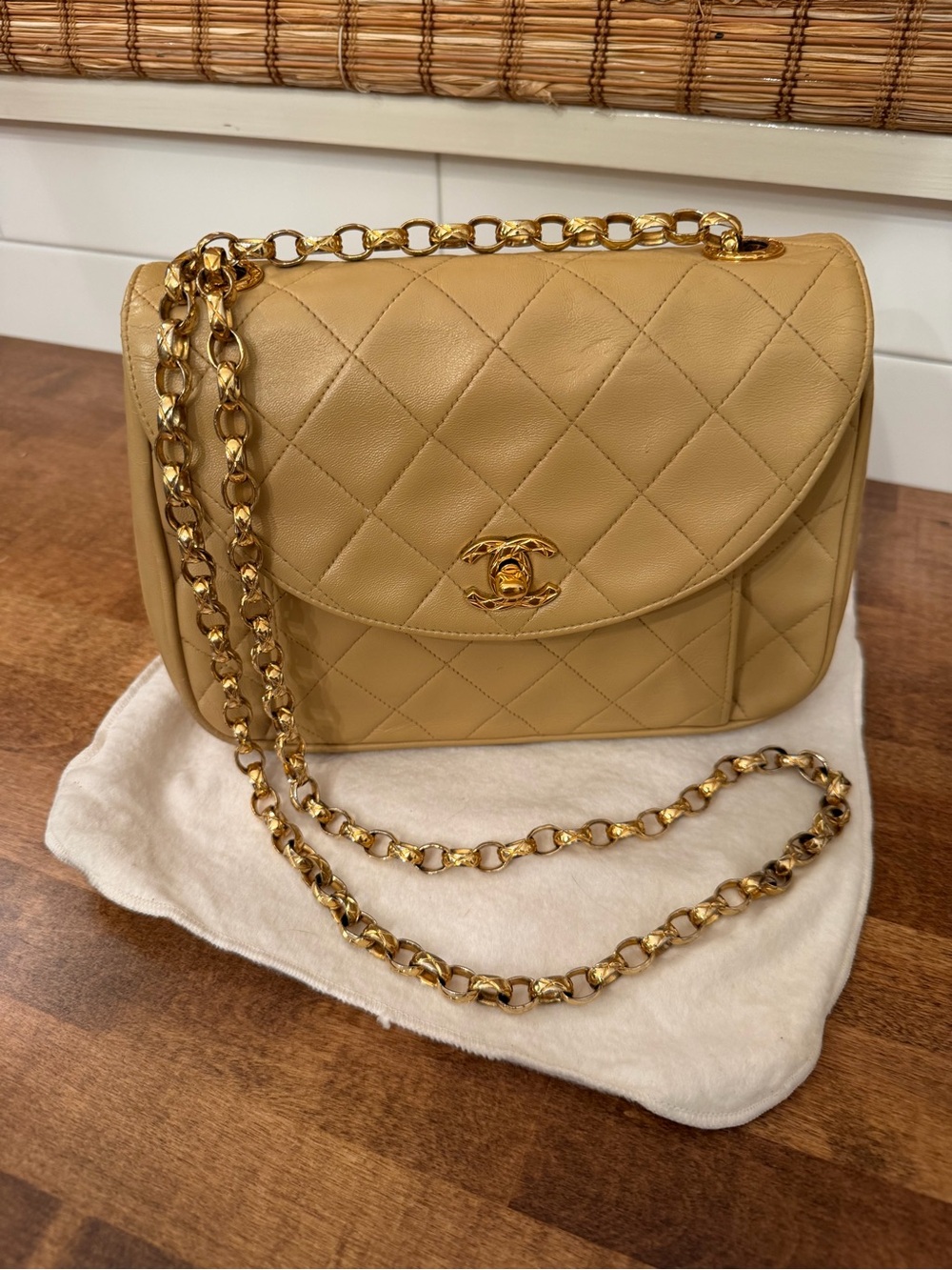 CHANEL Quilted Shoulder Bag in Tan with Gold Hardware